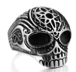 R186 Stainless Steel Flower Cane Skull Biker Ring (size: Size 11)