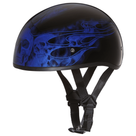 DOT Approved Daytona Motorcycle Half Face Helmet - Skull Cap Graphics for Men & Women, Scooters, ATVs, UTVs & Choppers - W/ Skull Flames Blue (size: 2XS)