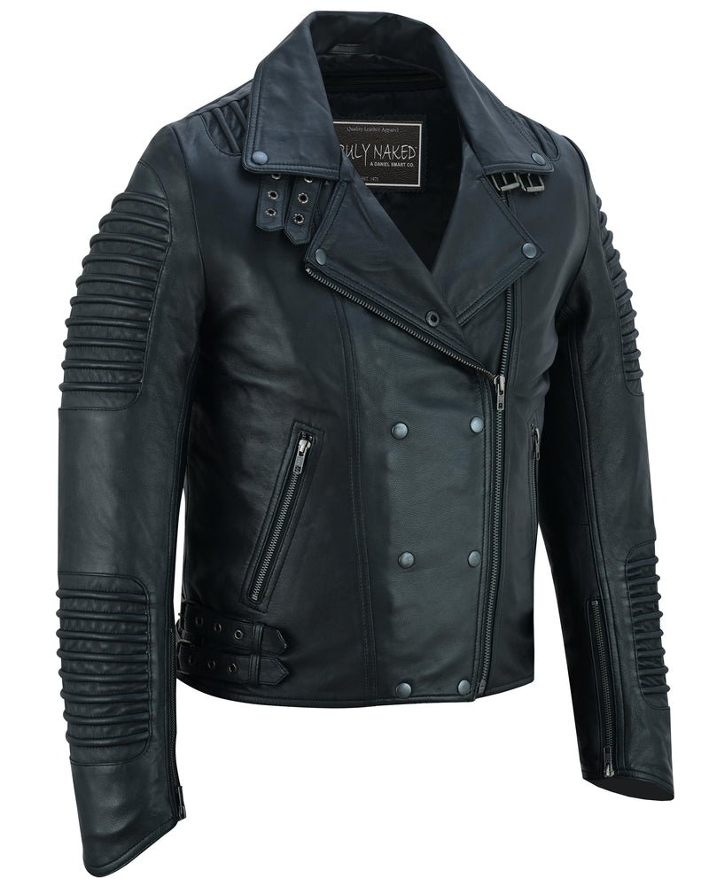Shadow Queen Women's Black Fashion Leather Jacket with Ribbed Accents Shadow Queen Women's Black Fashion Leather Jacket with Ribbed Accents